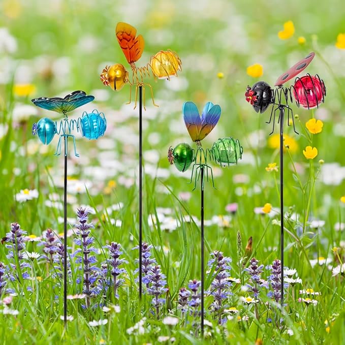 Insects Solar Garden Lights, 22.4" H Butterfly & Bee & Dragonfly & Ladybug Solar Stake Light, 4 Pcs Outdoor Statues Figurine Lights for Spring Garden Lawn Patio Yard Decoration-VerdiqueGarden