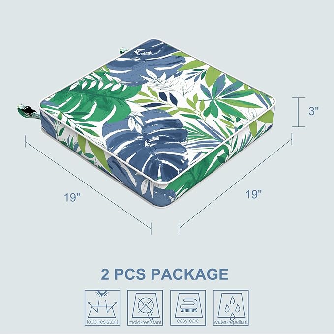 LVTXIII Patio Chair Cushions 19"x19"x3", Water-Repellent Outdoor Seat Cushions for Patio Furniture, Square Chair Pads with Ties for Home Garden Decoration, Set of 2, Islamorada Blue Green-VerdiqueGarden