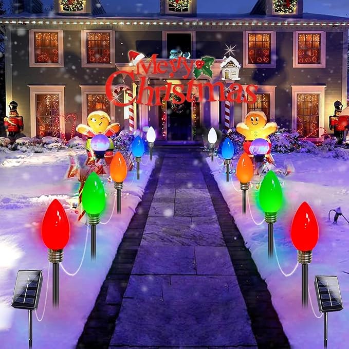 10-Pack Jumbo C9 Solar Christmas Lights, Upgraded LED Outdoor Christmas Decoration, Larger Muticolor Bulbs Solar Lights Outdoor Waterproof for Outside Path Garden Holiday Yard Patio Decor (Multicolor)-VerdiqueGarden
