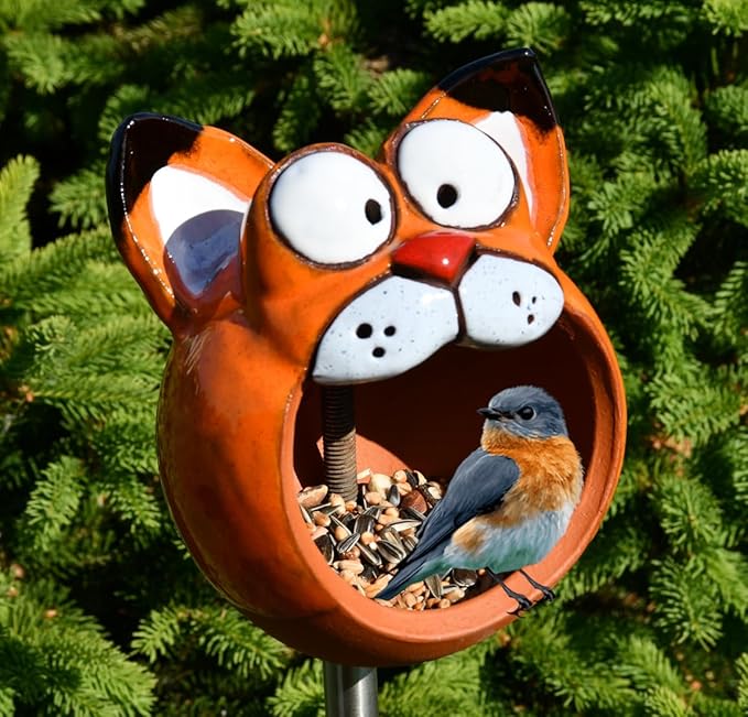 Ceramic Garden Decor - Cat Lawn Stake - Bird Feeder - Outdoor Statue - Perfect, Unique Gifts for Gardeners Woman, Men - Handmade, Frostproof-VerdiqueGarden