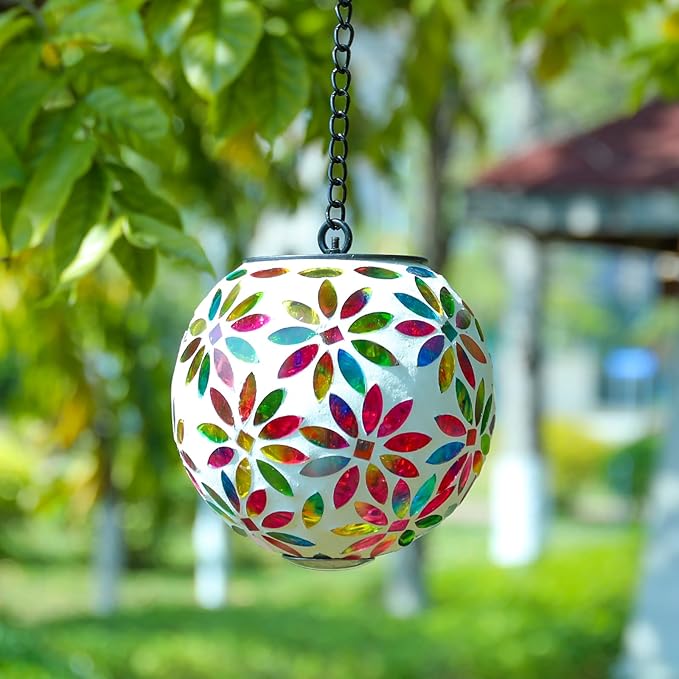 VCUTEKA Hanging Solar Lanterns Mosaic Solar Lights with Hook Up, Outdoor Garden Lights Decor for Yard Tree Fence Patio, Multicolor-VerdiqueGarden