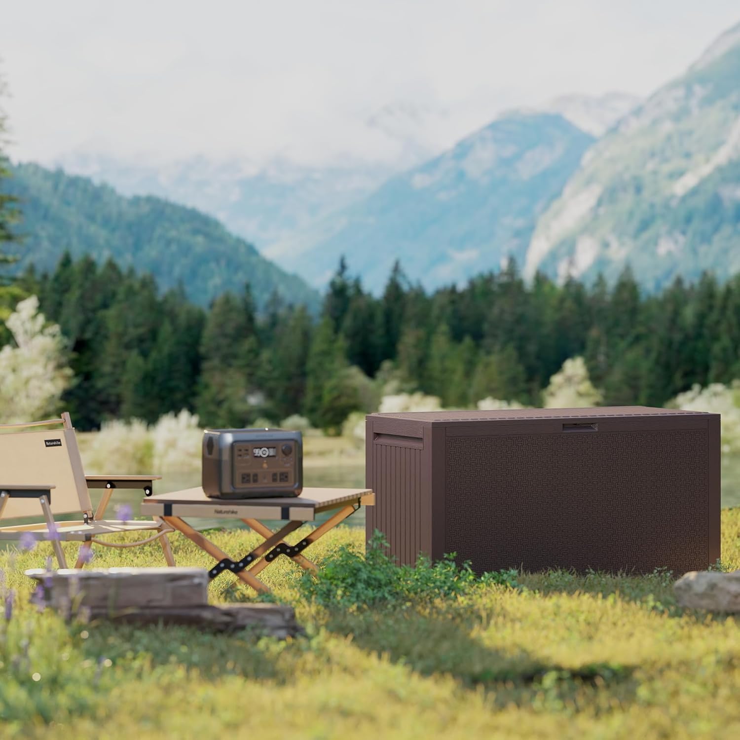 90 Gallon Outdoor Storage Box, Lockable Package Outside Storage Box Waterproof, Patio Cushions Deck Storage Boxes, Rattan Plastic Garden Hose Containers Resin Pool Storage Bins with lids, Brown-VerdiqueGarden