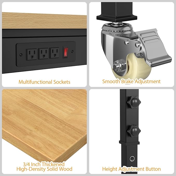 60" Adjustable Workbench,Heavy-Duty Work Table,3000 LBS Load Capacity Hardwood Workstation Outlets with Power Strips, Drawers and Wheels,for Workshop, Garage-VerdiqueGarden