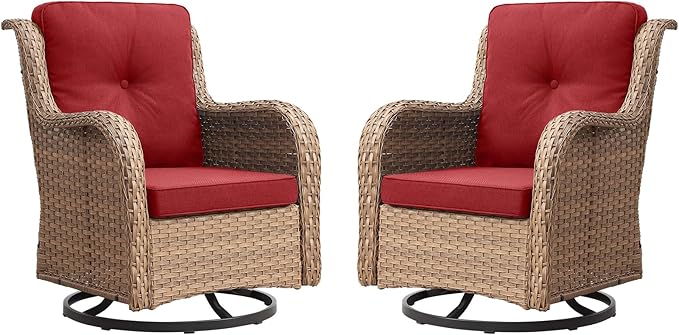 Outdoor Patio Swivel Rocker Chairs - Wicker Rattan Patio Swivel Rocking Chairs Set of 2 with High Back,Deep Seating and Comfort Cushions for Deck Porch Garden,Yellow/Red-VerdiqueGarden