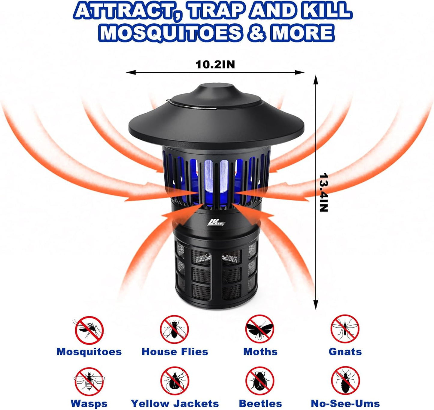 Wisely Fly Traps Outdoor - Rechargeable Cordless Flying Insect Trap IPX4 Waterproof with LED Light Adjustable - Catch Mosquitoes, Flies, Gnats, Wasps for Patio,Camping,Living Room,Home - Black-VerdiqueGarden