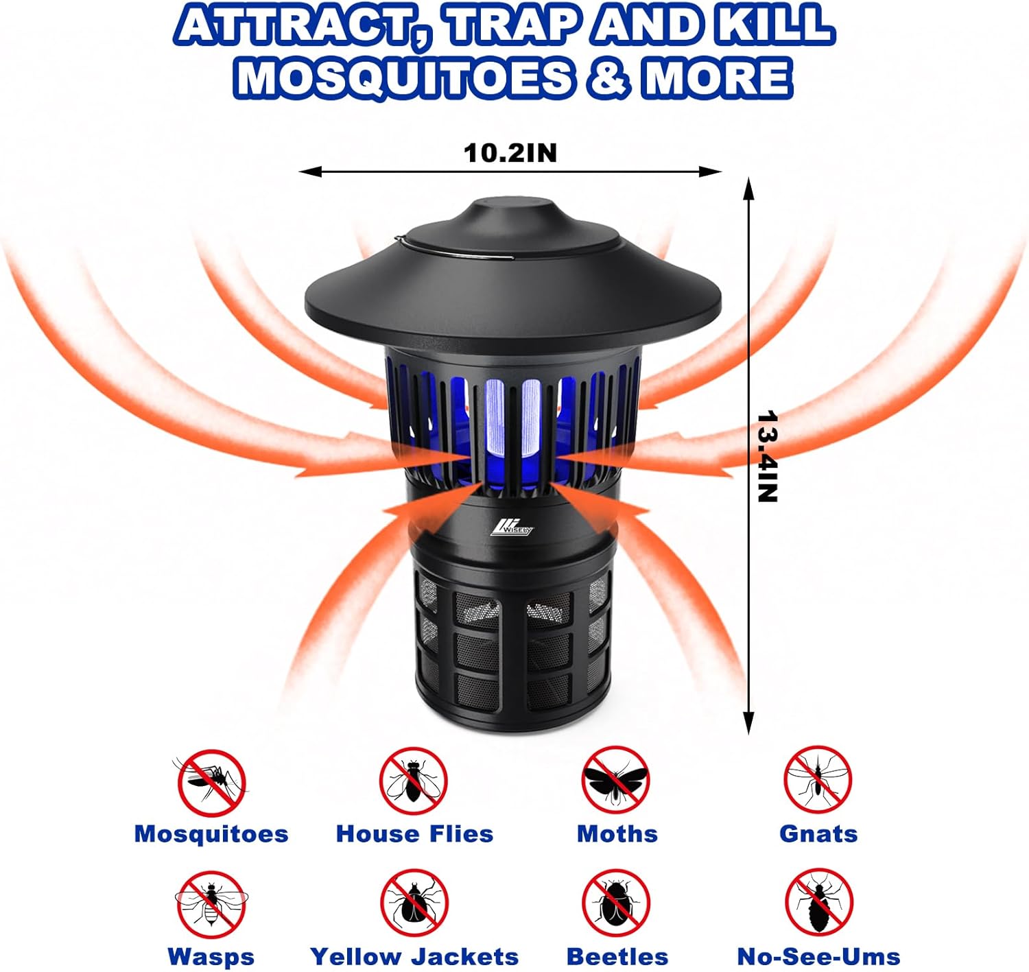 Wisely Fly Traps Outdoor - Rechargeable Cordless Flying Insect Trap IPX4 Waterproof with LED Light Adjustable - Catch Mosquitoes, Flies, Gnats, Wasps for Patio,Camping,Living Room,Home - Black-VerdiqueGarden