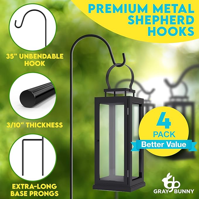 Gray Bunny 35" Shepherds Hooks for Outdoor 4 Pack, Thick Bird Feeder Pole, Hanging Plant Stand, Shepherds Hook for Bird Feeder, Non-Hollow, Non-Adjustable, Extra Long Base Prongs-VerdiqueGarden