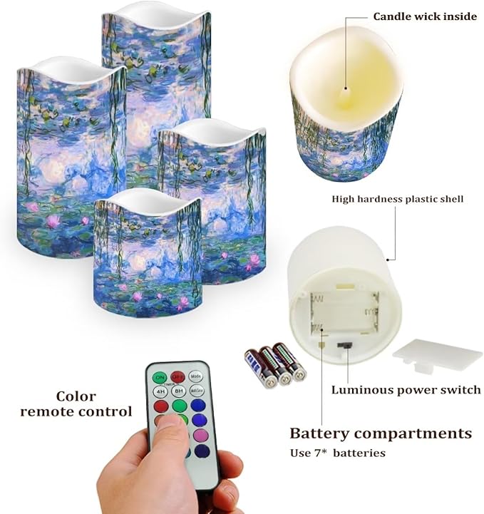 Ystardream Monet's Water Lily Flameless Candles with Timer Led Candles Flickering 4 Candle Sets for Home Decor,18 Key Remote Control，Dancing Flame, True Wax, Battery Powered.-VerdiqueGarden