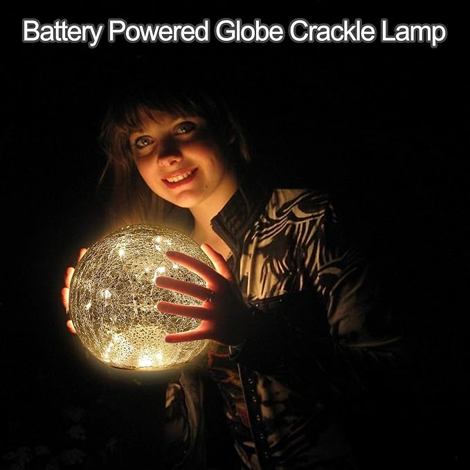 Mercury Crackle LED Glass Globe Ball Lamp with Timer, Battery Operated Night Light for Girls, Birthday, Halloween,Christmas - Decorative Gift for Home Warm White (with Timer)-VerdiqueGarden