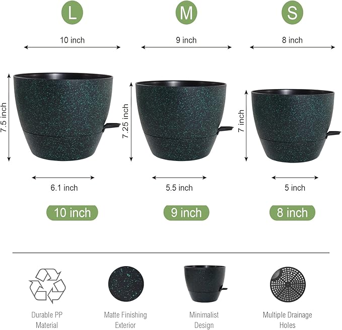 10/9/8 inch Self Watering Pots, Set of 3 Plastic Planters with Mesh Drainage Holes and Deep Reservoir for Indoor Outdoor Garden Plants and Flowers, Black with Green Speckles-VerdiqueGarden