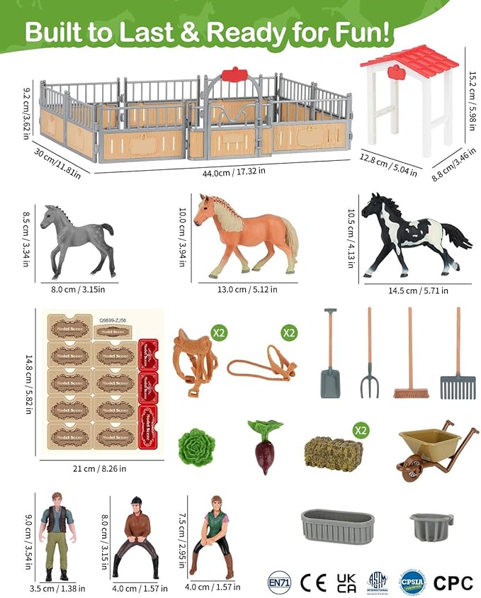 Horse Stable Playset, Horse Gifts for Girls and Boys with 3 Horses and 2 Riders, Horse Toys Set Farm Animals Toys for Kids 3 4 5 6 7 8+ (Horse Playset 1)-VerdiqueGarden