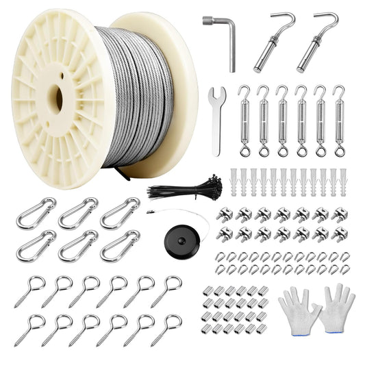 1/8" Vinyl Coated Wire Rope Kit with Work Gloves, 300FT Stainless Steel String Light Hanging Kit with Turnbuckle,7x7 Strand 920LB Strength Clothes Line Cable for Outdoor, Crafts, Garden-VerdiqueGarden