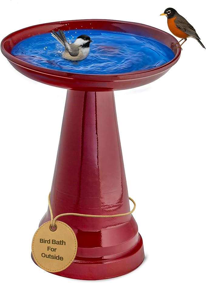 Birds Choice Ohio Stoneware Bird Bath | Pedestal Bird Bath, Stable Locking Top | Weather-Resistant Ceramic Clay, Glazed Finish | Outdoor Garden & Patio Decor | 22" H x 17" D, Burgundy-VerdiqueGarden