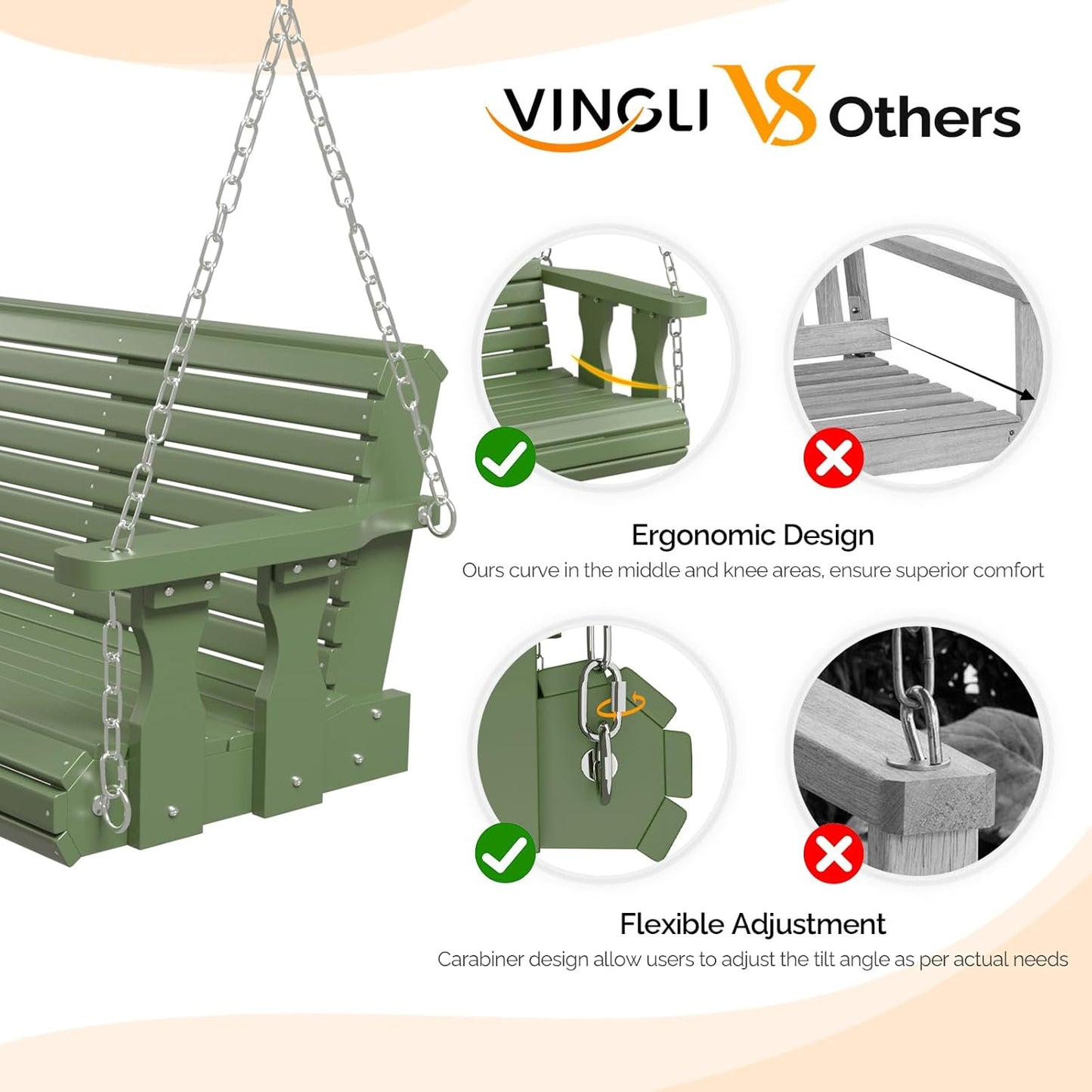 VINGLI Upgraded Patio Wooden Porch Swing for Courtyard & Garden, Heavy Duty 880 LBS Swing Chair Bench with Hanging Chains for Outdoors (Green, 5 FT)-VerdiqueGarden