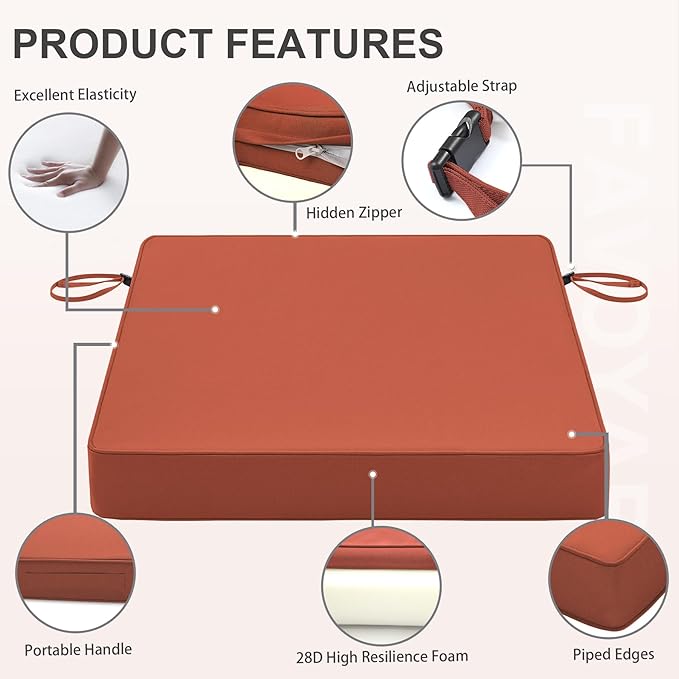 Favoyard Patio Chair Cushions 18.5 x 16 x 3 Inch Waterproof Outdoor Seat Cushions for Patio Furniture 3-Year Color Fastness Garden Sofa Couch Chair Pads with Handle & Adjustable Straps Set of 2, Spice-VerdiqueGarden