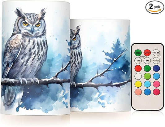 Flickering Flameless Candles, Owl on Tree LED Candles with Remote Timer, Set of 2 Battery Operated Candle for Valentine Wedding Birthday-VerdiqueGarden