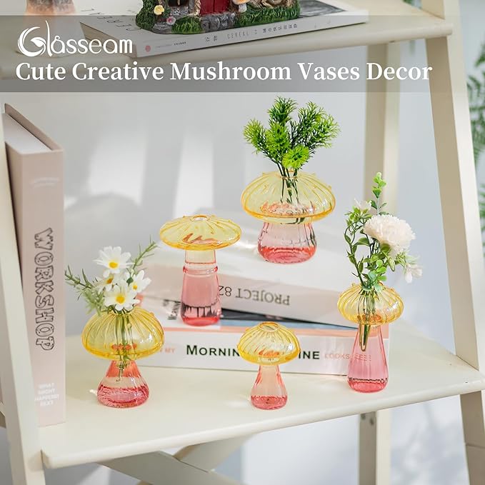 Glasseam Mushroom Plant Propagation Stations: Colored Glass Terrarium Jar Set of 10 Cute Planters for Indoor Plants Mini Propagate Station Unique Christmas Birthday Gifts for Women Home Office Decor-VerdiqueGarden