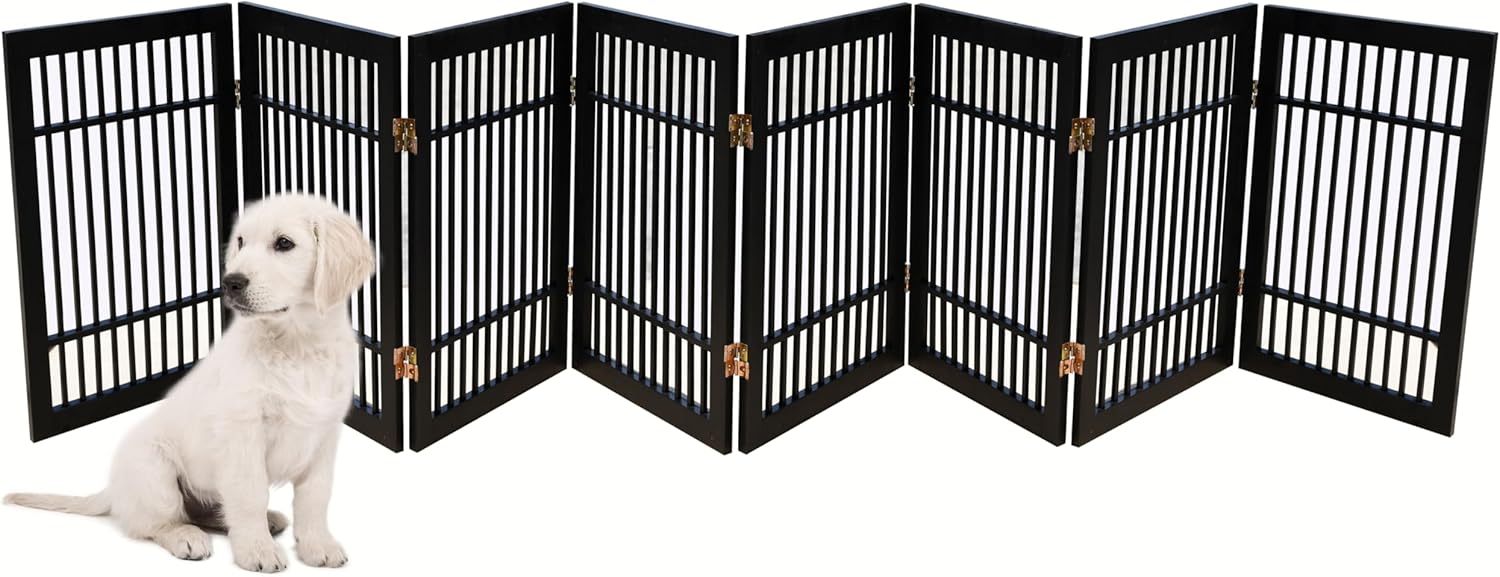 Pet Dog Gate Strong and Durable Freestanding Folding Acacia Hardwood Portable Wooden Fence Indoors or Outdoors by Urnporium (Black Pet Gate, 8 Panel 24" Tall)-VerdiqueGarden