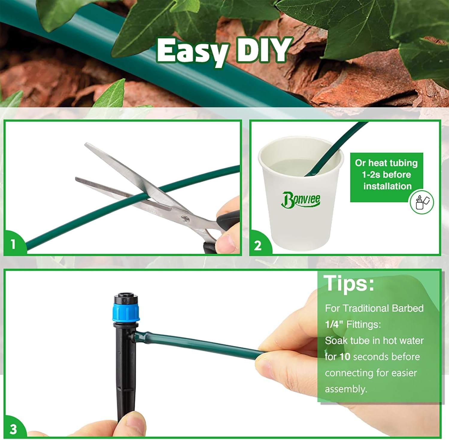 Bonviee 50ft 1/4 inch Drip Irrigation Tubing, Drip Irrigation Hose, Garden Watering Tube Line for Garden Watering System-Green-VerdiqueGarden