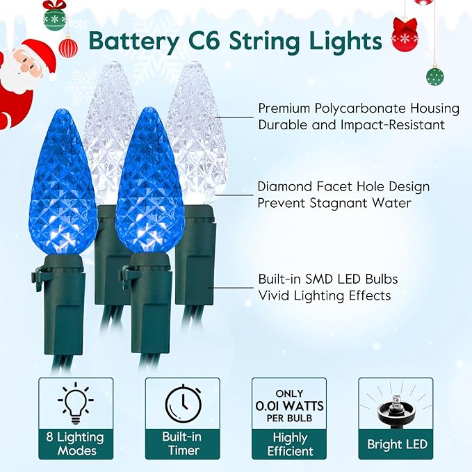 Brightown C6 LED Christmas String Lights - 2 Pack Each 20ft 60LED Battery Operated Strawberry String Lights with Timer and 8 Light Modes for Christmas Trees Wreaths, Indoor Xmas Decor, Blue and White-VerdiqueGarden