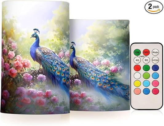 Flickering Flameless Candles, Peacock Flowers LED Candles with Remote Timer, Set of 2 Battery Operated Candle for Valentine Wedding Birthday-VerdiqueGarden