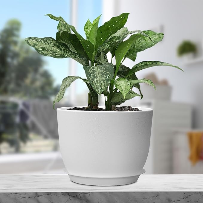 12 inch Large Plant Pots, Plastic Planters with Drainage Holes and Saucers, Flower Pots for Indoor Outdoor Plants, Modern Decorative Pots for Garden House Plants, White-VerdiqueGarden