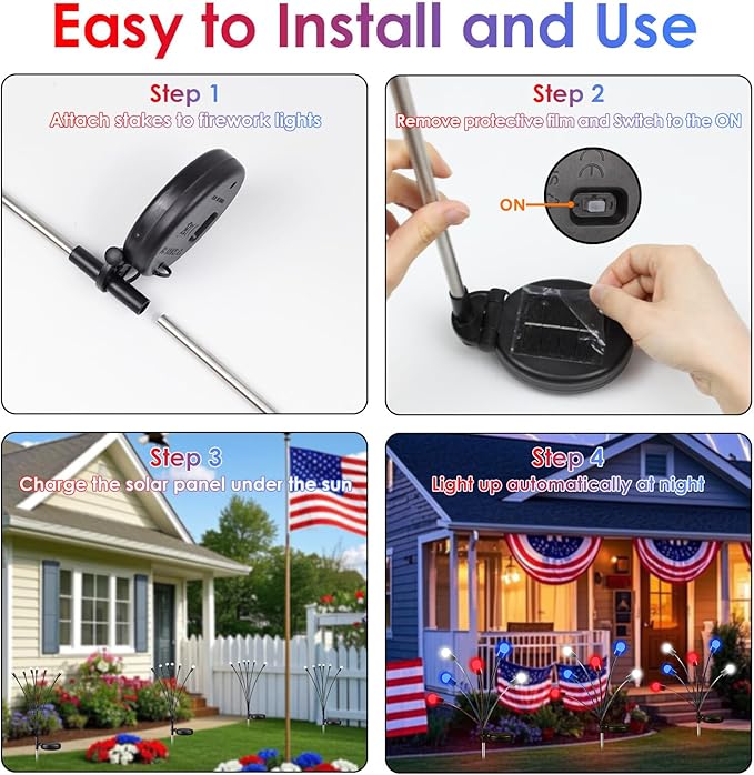 OZS 4pack Solar American Flag Lights - 4th of July Solar Garden Outdoor Waterproof Firefly Light for Memory Day, Independence Day, National Day Decoration (Red White Blue)-VerdiqueGarden