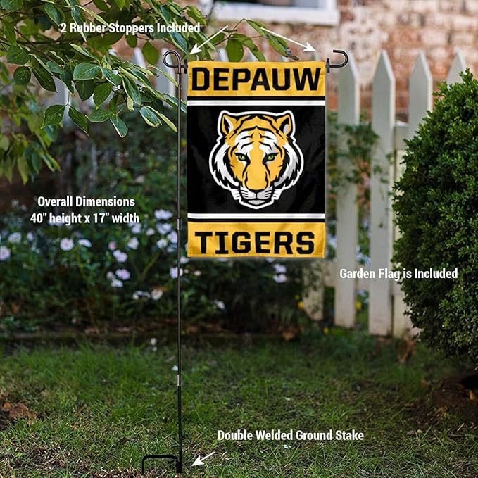 College Flags & Banners Co. DePauw Tigers Garden Flag with Pole Stand Holder-VerdiqueGarden