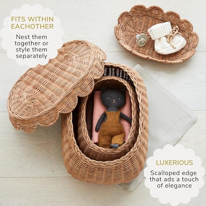 BEBE BASK The Original Scalloped Basket Set Of 2 - Small Scallop Basket - 15 x 10 x 6 In - Hand-Woven & Award-Winning - Elegant Wicker With Scalloped Edge Lid - Nursery Storage - (Mocca)-VerdiqueGarden