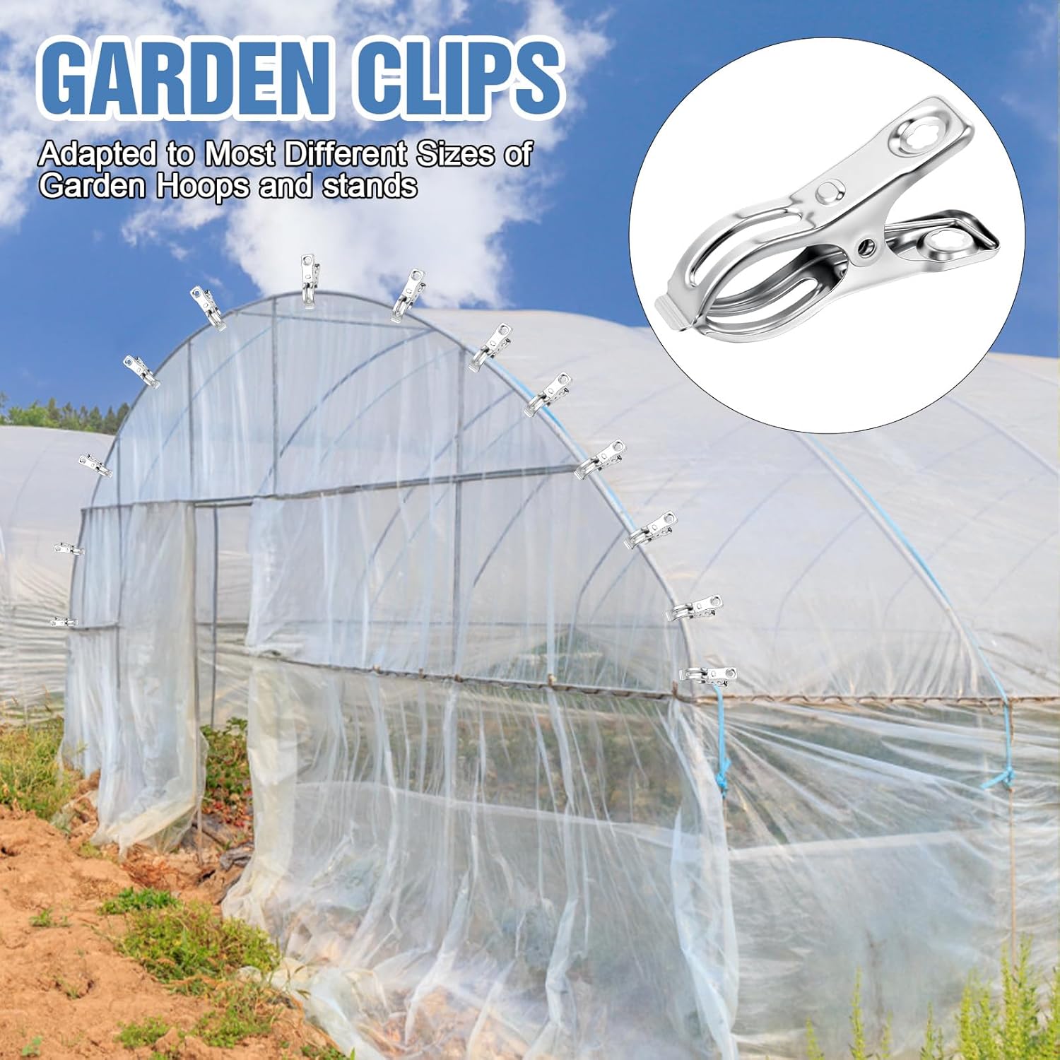 Upgraded 200 PCS Garden Clips, Greenhouse Clamps 100% Stainless Steel Heavy Duty Greenhuose Clips for Netting - Strong Grip to Hold Down Shade Cloth or Plant Cover on Garden Greenhouse Hoops-VerdiqueGarden