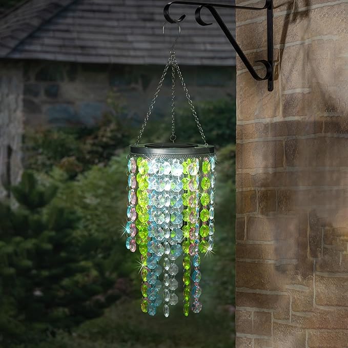 Hanging Solar Lantern Outdoor, 2 Tiers 21” Solar Multicolor Acrylic Beaded Chandelier with Cool White LED S Hooks for Garden Yard Patio Gazebo Outside Decor-VerdiqueGarden