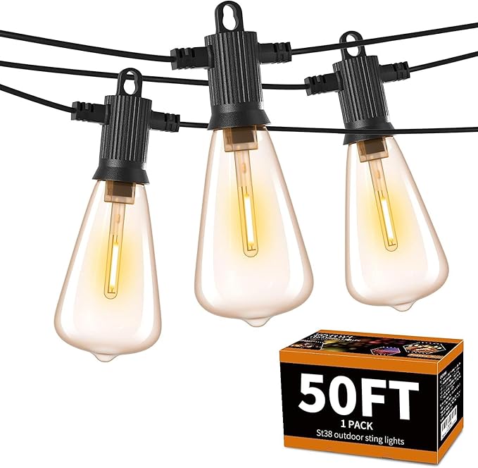 ZOTOYI Outdoor String Lights 50 FT, Patio Bulbs with 27 LED Plastic Edison ST38 Bulbs (2 Spare), Waterproof IP65 Outdoor Hanging Lights for Garden, Backyard, Cafe, Porch, Gift, Gazebo - Dimmable 2700K-VerdiqueGarden
