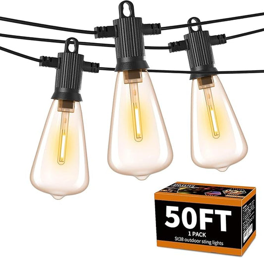 ZOTOYI Outdoor String Lights 50 FT, Patio Bulbs with 27 LED Plastic Edison ST38 Bulbs (2 Spare), Waterproof IP65 Outdoor Hanging Lights for Garden, Backyard, Cafe, Porch, Gift, Gazebo - Dimmable 2700K-VerdiqueGarden