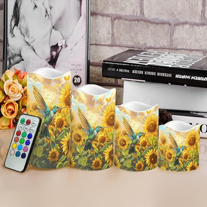 Ystardream Operated Candles with Flickering Flame Flameless Taper Candles Flickering Operated Electric Pillar Candle LED Candle for Indoor Outdoor Home Decor Hummingbird Sunflower-VerdiqueGarden