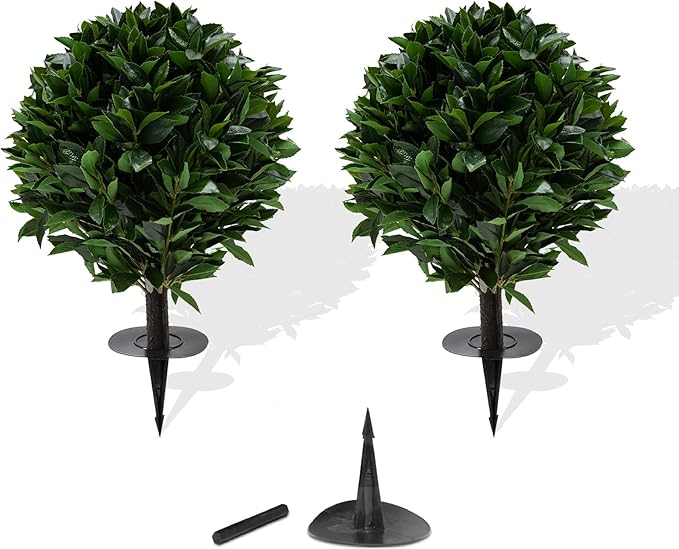 24" Outdoor Evergreens in Outdoor Artificial Shrub Potted Plant Plant for Indoor Porch of Home and Office 2 Pieces a Set Topiary Trees Faux Boxwood with Spike. Easy to Push in The Ground-VerdiqueGarden