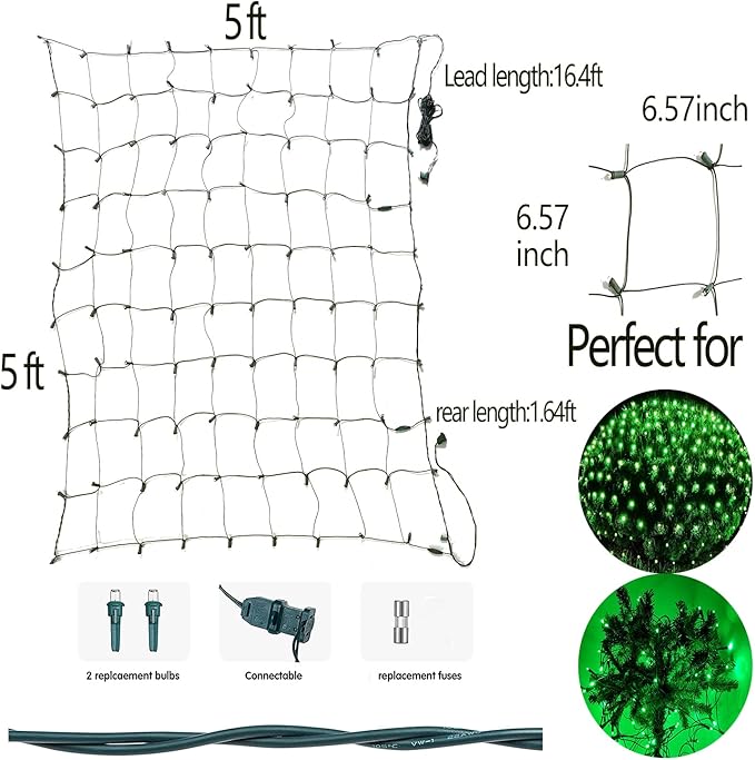 HISHINY Christmas Net Lights Outdoor, 5ftx5ft 100LED Green Wire, Connectable Bush Mesh Net Lights String for Christmas,St Patricks Party,Shrub,Yard,Tree (Green)-VerdiqueGarden
