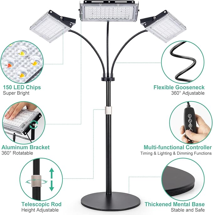 LBW Plant Grow Light, Full Spectrum Tri-Head Desk Plant Light for Indoor Plants, Growing Lamp with 3H/6H/12H Timer, 6-Level Brightness, 3 Lighting Modes, Height Adjustable, Ideal for Indoor Growth-VerdiqueGarden