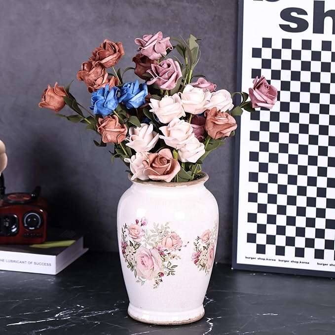 Vintage Vase for Flowers,Pink Chinoiserie Ceramic Vase,Rustic Farmhouse Cracked Vases,for Flower Arrangement,Living Room, Office, Shelf, Fireplace Tables,Centerpieces,Chinoiserie Pottery Decor(A)-VerdiqueGarden