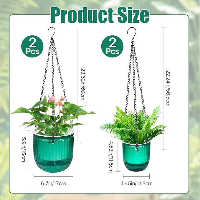 4Pcs Self Watering Hanging Planters, 6.5'' 4.5'' Hanging Flower Pots, Plastic Hanging Plant Basket with Drainage Holes, Visible Hanging Planters for Indoor Plants Garden Home(Emerald)-VerdiqueGarden