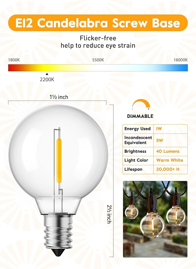 Brightown G40 Replacement LED Light Bulbs, 10 Pack Clear Globe Bulb fits E12 C7 Candelabra Screw Base Sockets, 1.5 Inch Dimmable Edison Light Bulbs for Indoor Outdoor Patio Decor, Warm White-VerdiqueGarden