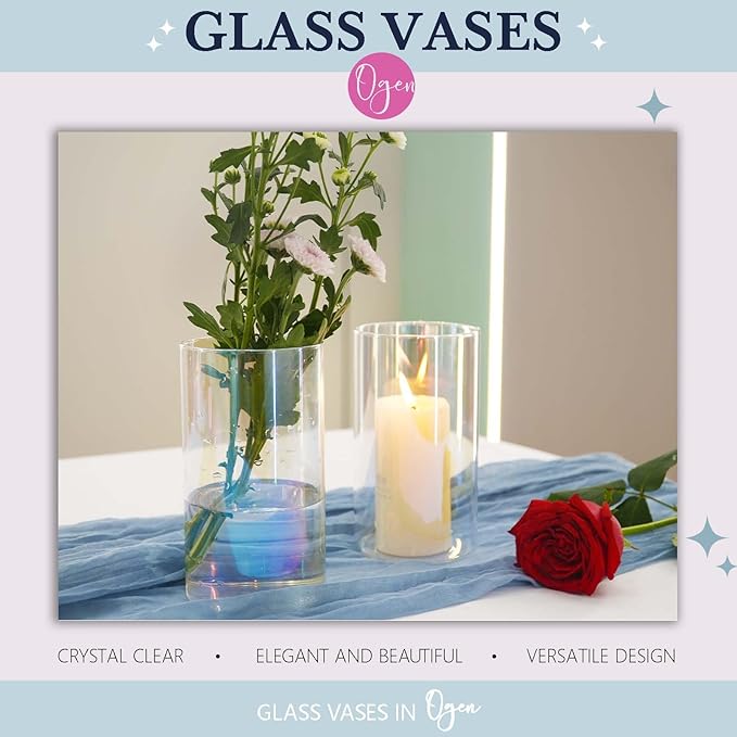12pc Glass Cylinder Bud Vases for Centerpieces,6 inch Tall Irised Crystal Clear Flower Vases in Bulk,Hurricane Glass Candle Holders for Table Centerpiece Formal Dinners Home Decor-VerdiqueGarden