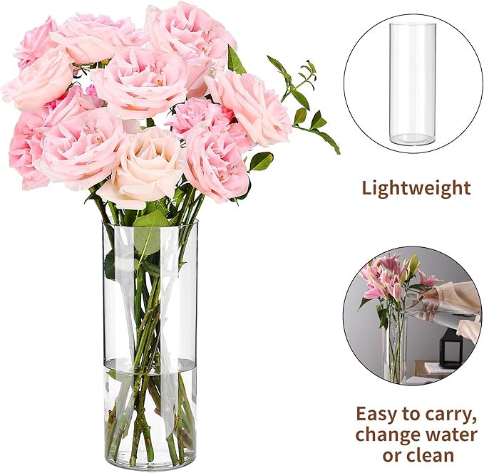 Clear Flower Vase, Non-breakable Vases, 5" W x 14" H, Acrylic Vase, Aesthetic Room Decor Cylindrical Modern Flower Vases for Table Centerpiece, Home Decor, Women Floral Arrangement Gift-VerdiqueGarden