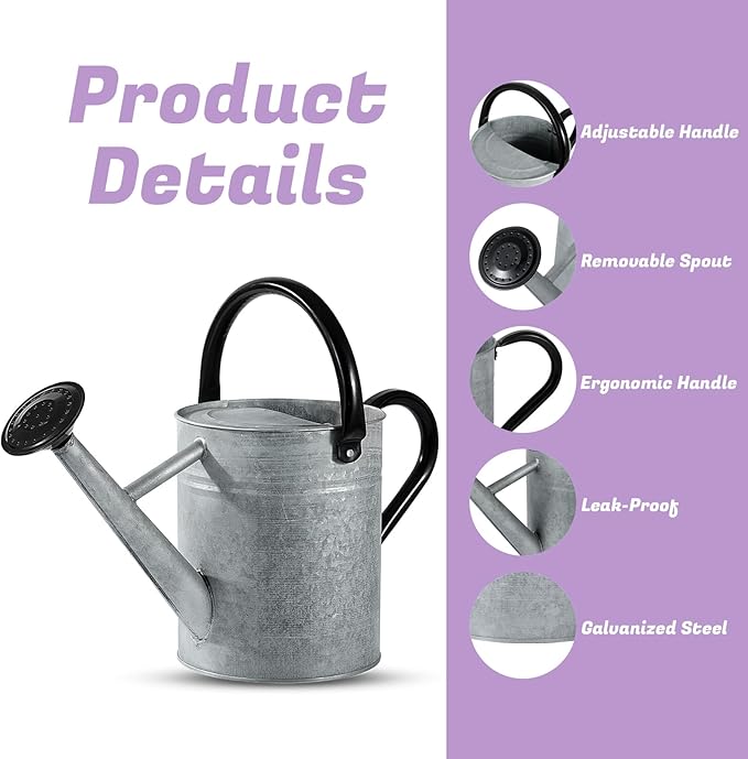 1 Gallon Watering Can for Plants, Watering Cans for Indoor&Outdoor Gardening, Galvanized Steel Watering Pot with Removable Spout, Metal Water Can with Ergonomic Movable Handle(Rustic Silver)-VerdiqueGarden