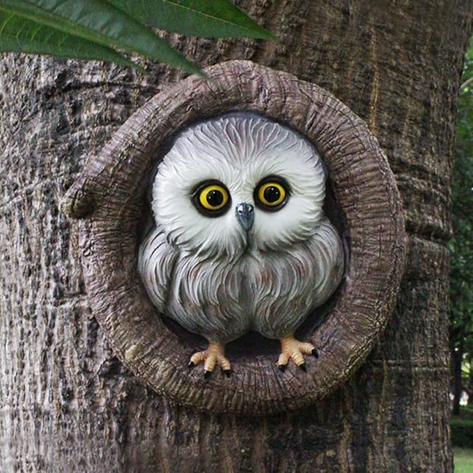 Owl Tree Hugger Whimsical Tree Sculpture Garden Statues Outdoor Tree Face Decor Garden Peeker Yard Art Decorations (Singel Owl)-VerdiqueGarden