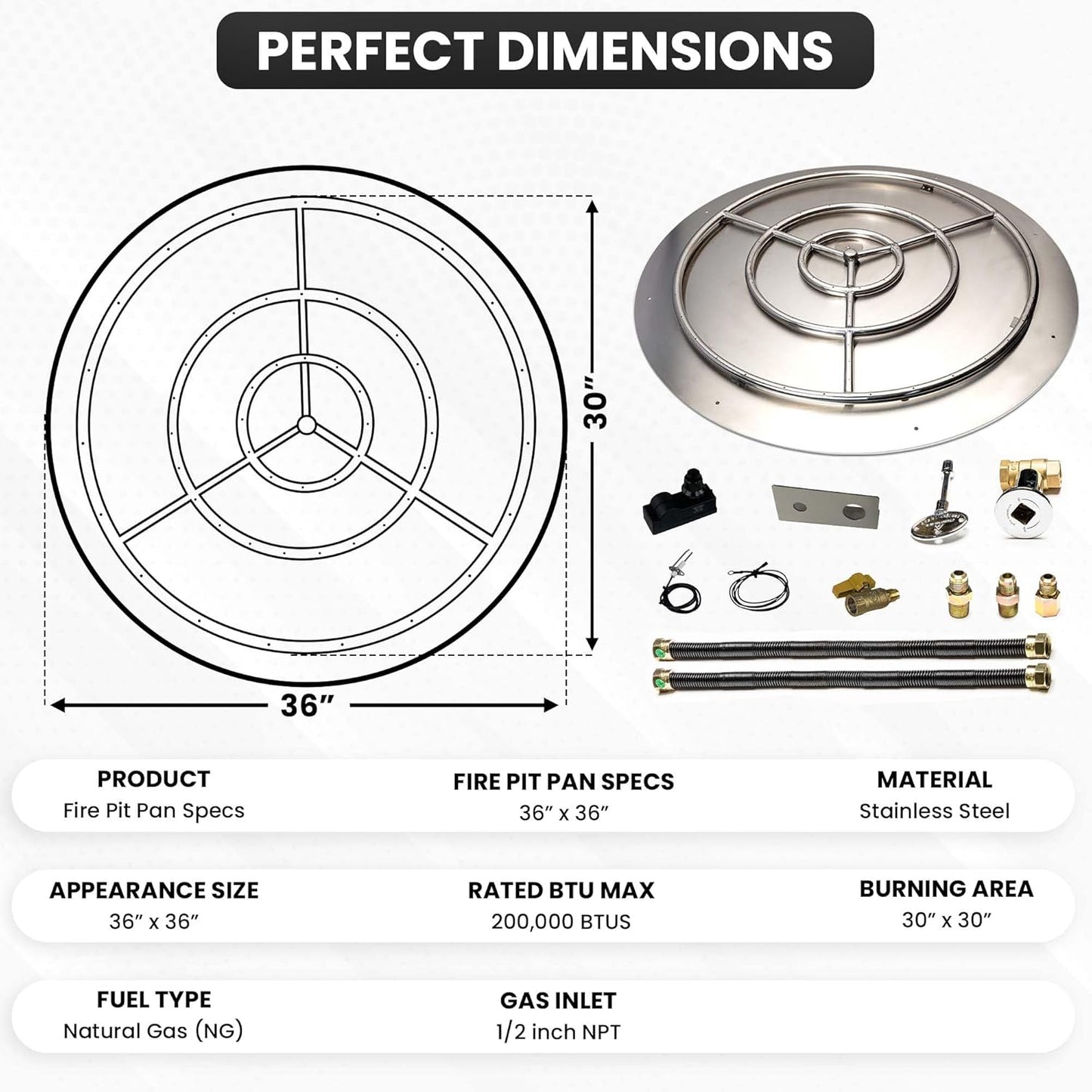 Stainless Steel Fire Pit Burner Pan & Ring Deluxe Kit for Natural Gas, 36-Inch Pan, 30-Inch Ring, 200,000 BTU Max-VerdiqueGarden