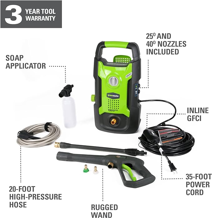 Greenworks 1500 PSI 1.2 GPM Pressure Washer (Upright Hand-Carry) PWMA Certified-VerdiqueGarden