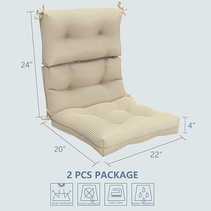LVTXIII Outdoor Seat and Back Chair Cushion Patio Tufted High Back Cushion with Ties, Seasonal Replacement Rocking Chair Cushion for Home Office Garden Use, 44” L x 22” W, Set of 2, Stripe Beige-VerdiqueGarden