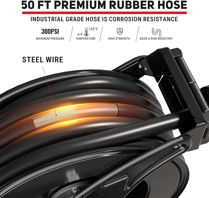 Fuel Hose Reel 3/4" x 50FT Retractable Diesel Hose Reel 300PSI Ratchet Spring Driven Hose Holder Reel Heavy Duty Industrial Steel with Fueling Nozzle for Aircraft Tank Truck Trailer Ship, Black-VerdiqueGarden