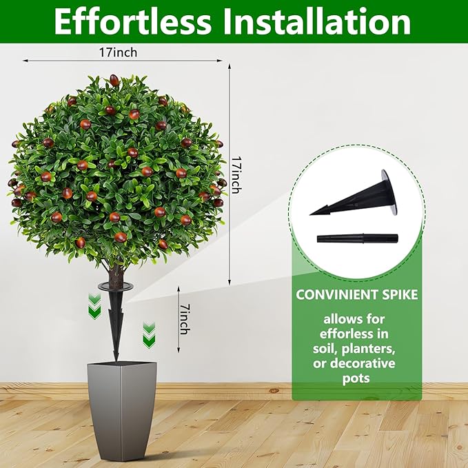 Artificial Olive Topiary Ball Trees with Ground Spike, Set of 2 UV Resistant Artificial Shrubs, Fake Evergreen Artificial Plant Bushes for Indoor Outdoor Front Porch Garden-VerdiqueGarden