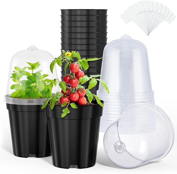 homenote Nursery Pots for Plants,5 Inch Plant Pot for Planting with Humidity Domes Plastic Seedling with Drainage Holes Seed Starter Flower with 10 Labels Black (15 Pack)-VerdiqueGarden